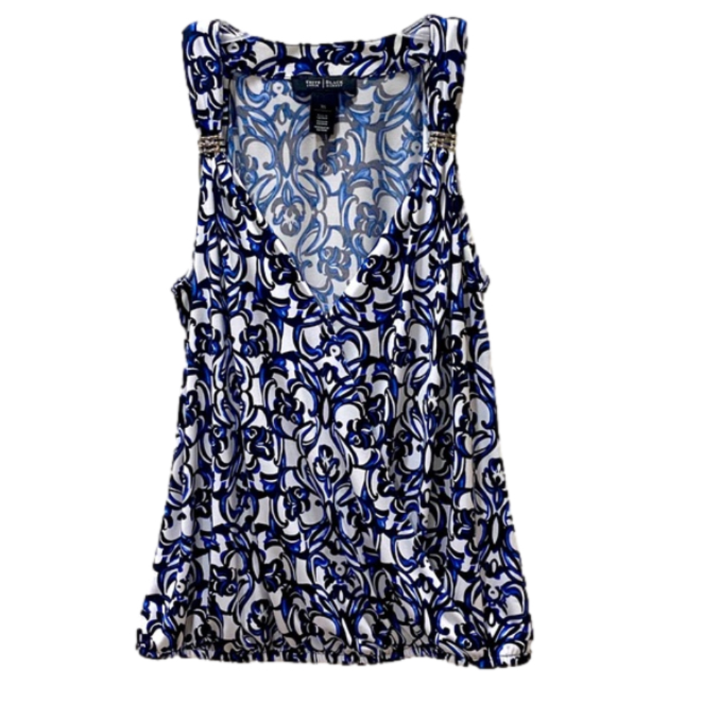 White House Black Market Blue and White Floral Swirl Tank With Metal Detail S XS